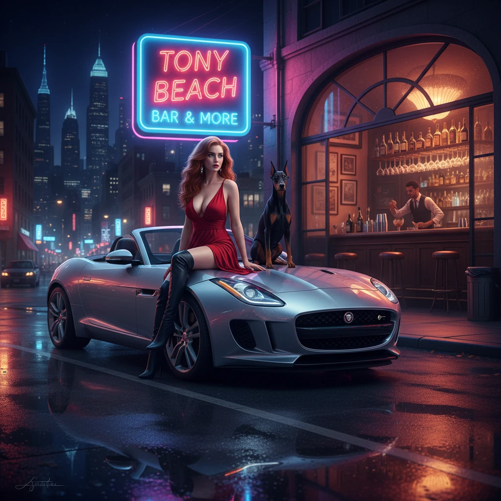 Femme rousse sur cabriolet argenté sous les lumières néon nocturnes