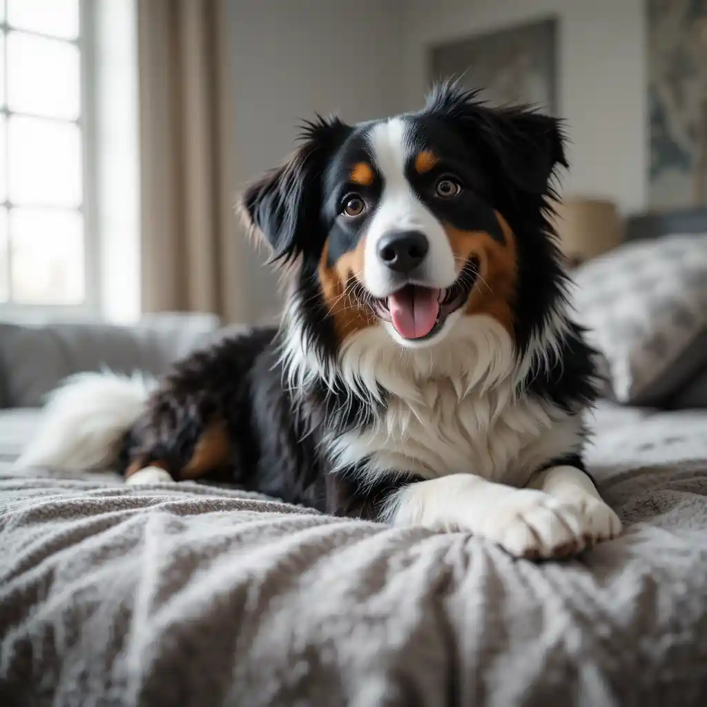 Black and white australian shepherd lying on a cozy bed