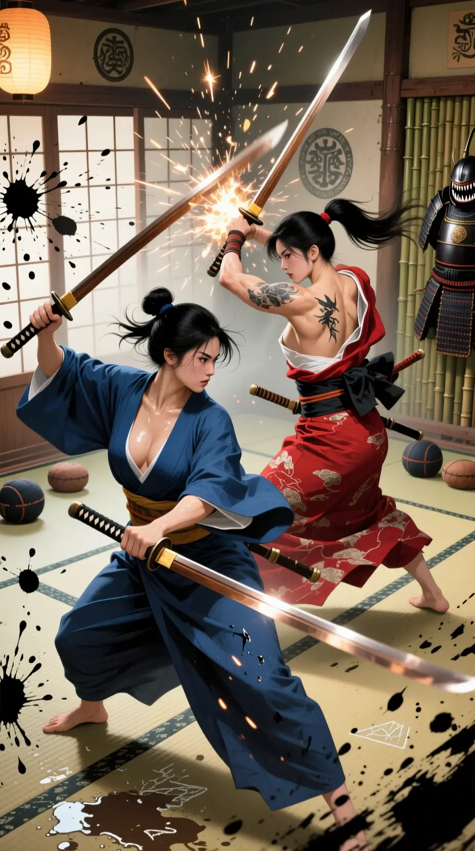 Female samurai duel with wooden swords in ancient dojo