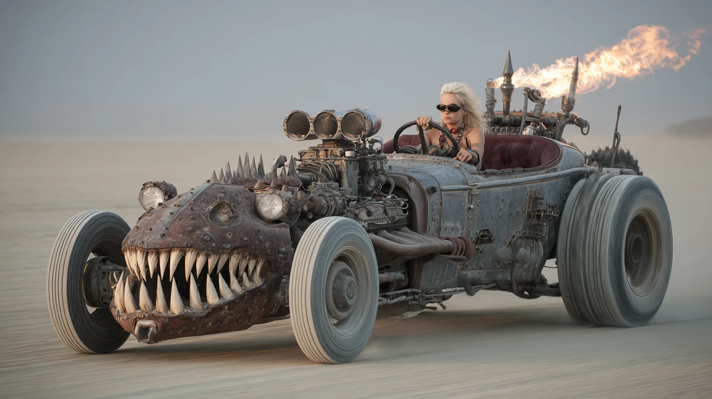 Demonic hot rod engine roaring down a desert highway