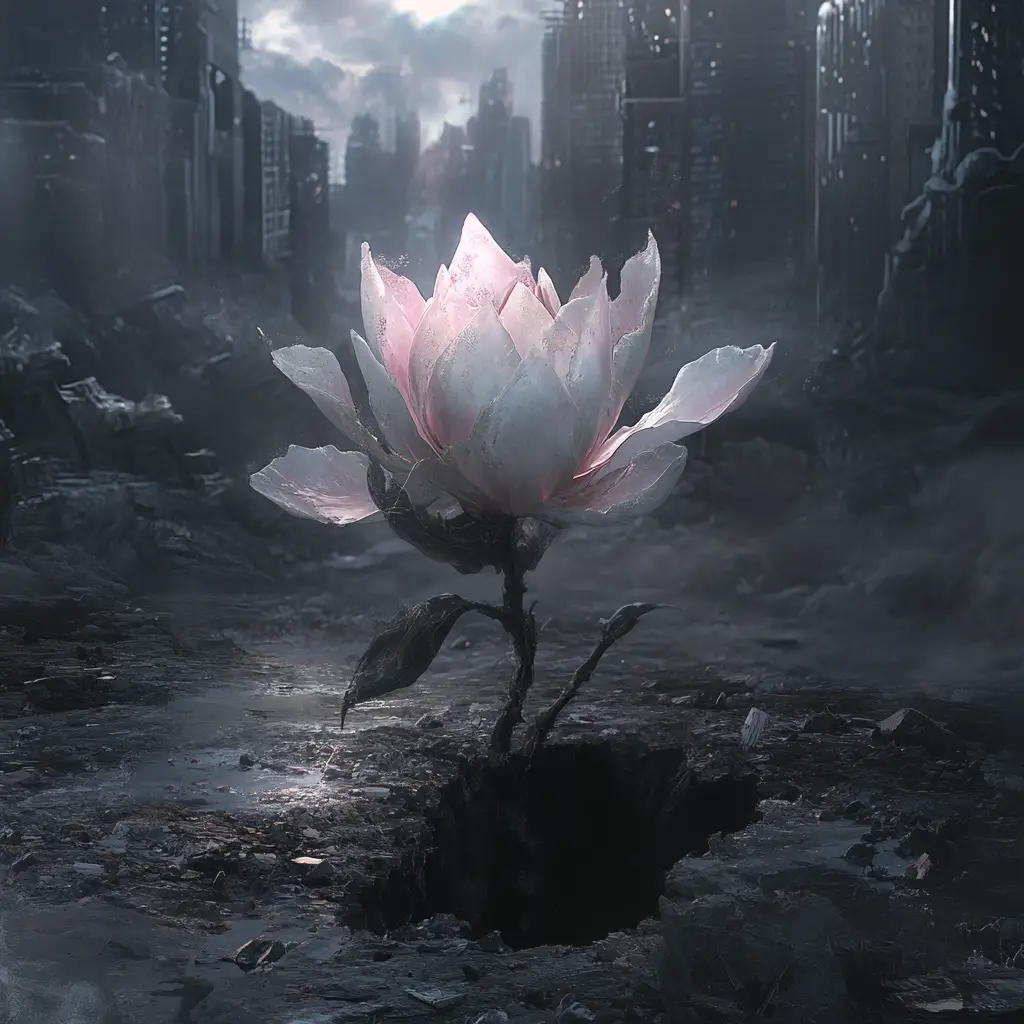 Glowing flower in a snowy cracked urban landscape
