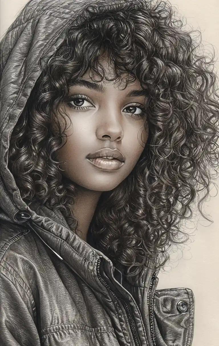 Portrait hyperréaliste au graphite d’une jeune femme en bomber à capuche