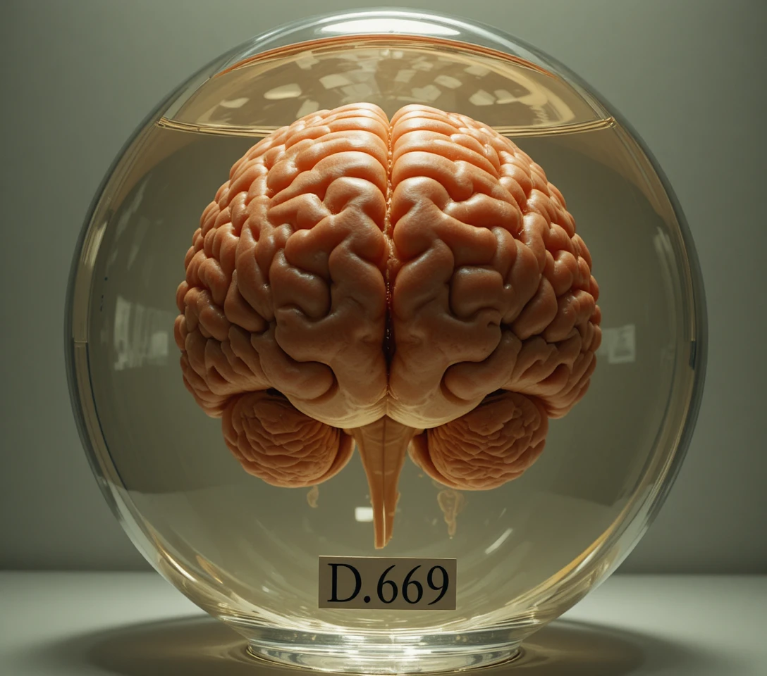 Cervello umano conservato in un barattolo di vetro etichettato