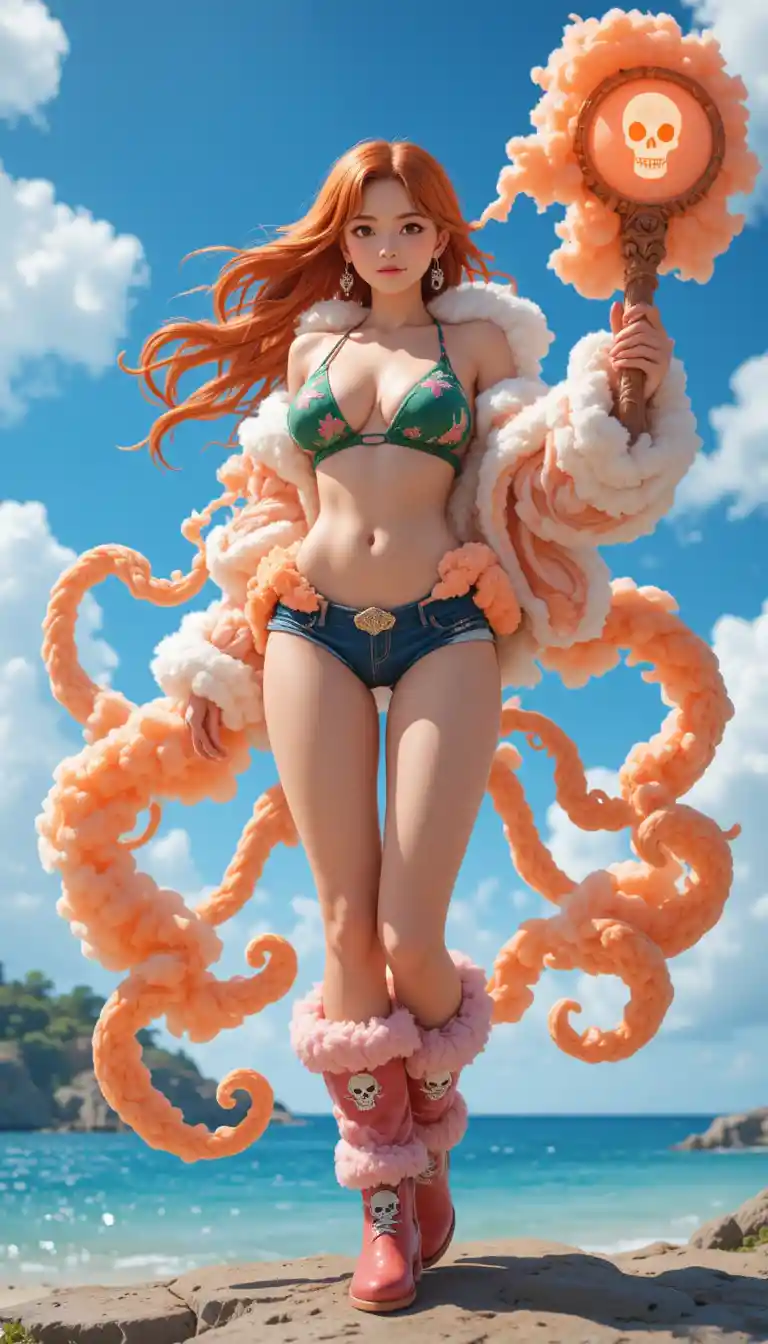 Femme anime en tenue de nuages posant sur une île ensoleillée