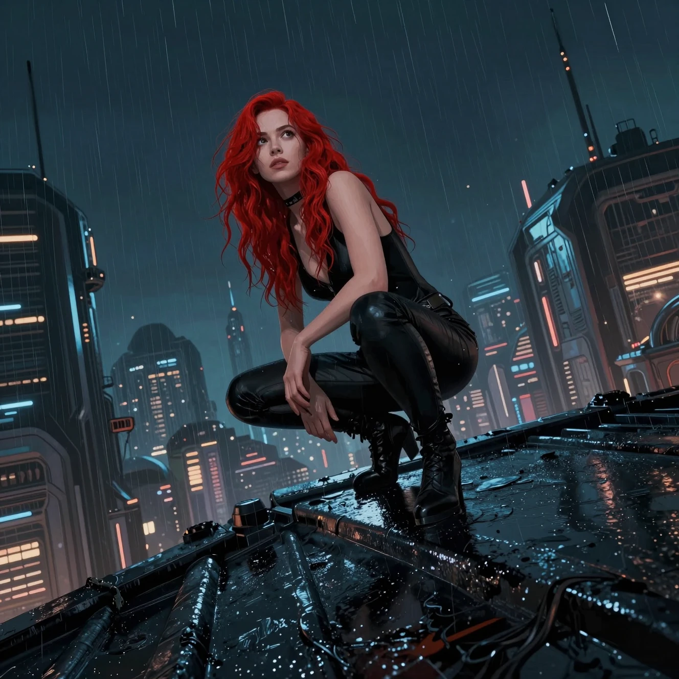Red haired sci fi woman crouching on a rainy rooftop