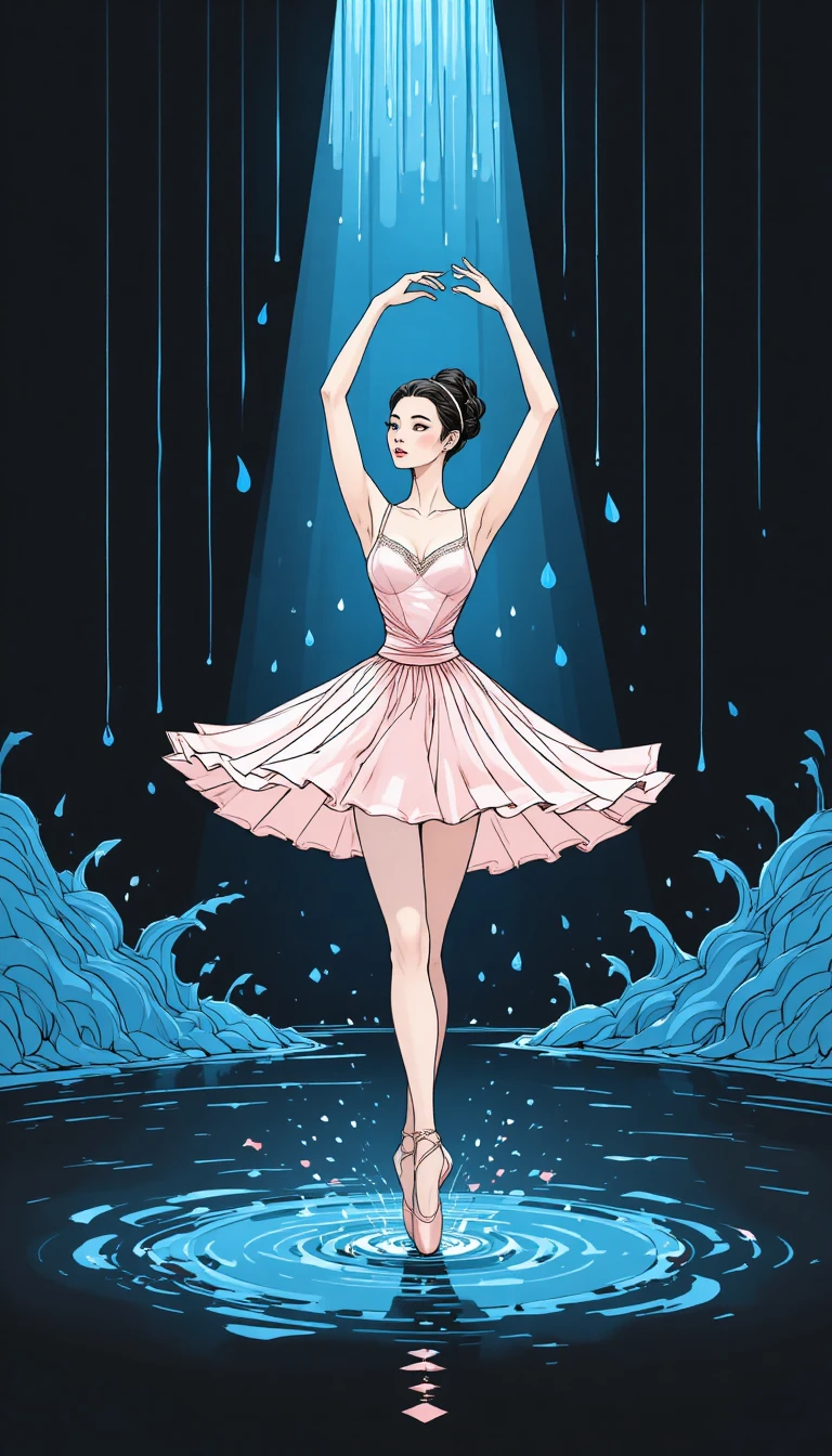 Ballet dancer in pink dress leaping through blue rain