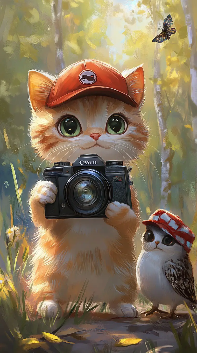 Cute cartoon cat photographer with curious owl companion
