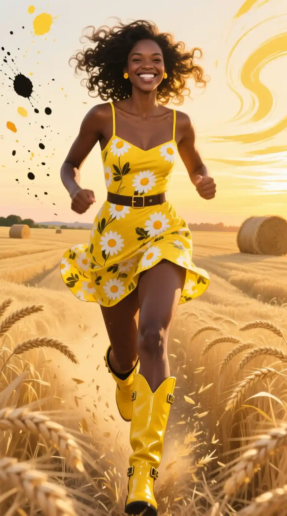 Giovane donna che corre tra il grano dorato al tramonto
