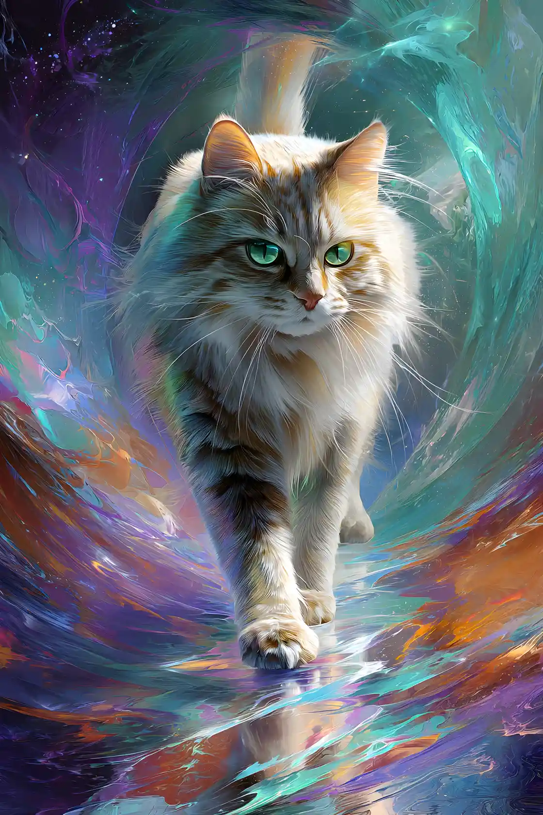 Ethereal fantasy cat emerging from a cosmic vortex