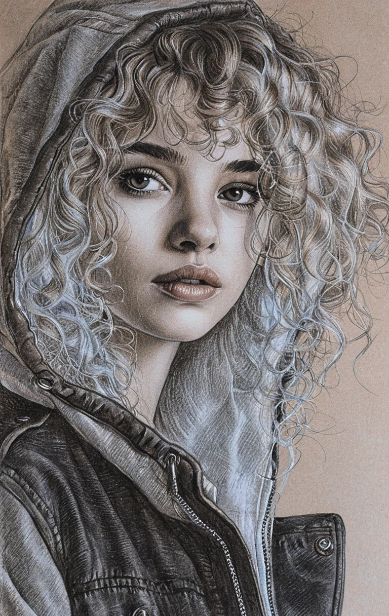 Graphite portrait of a young woman with curly hair
