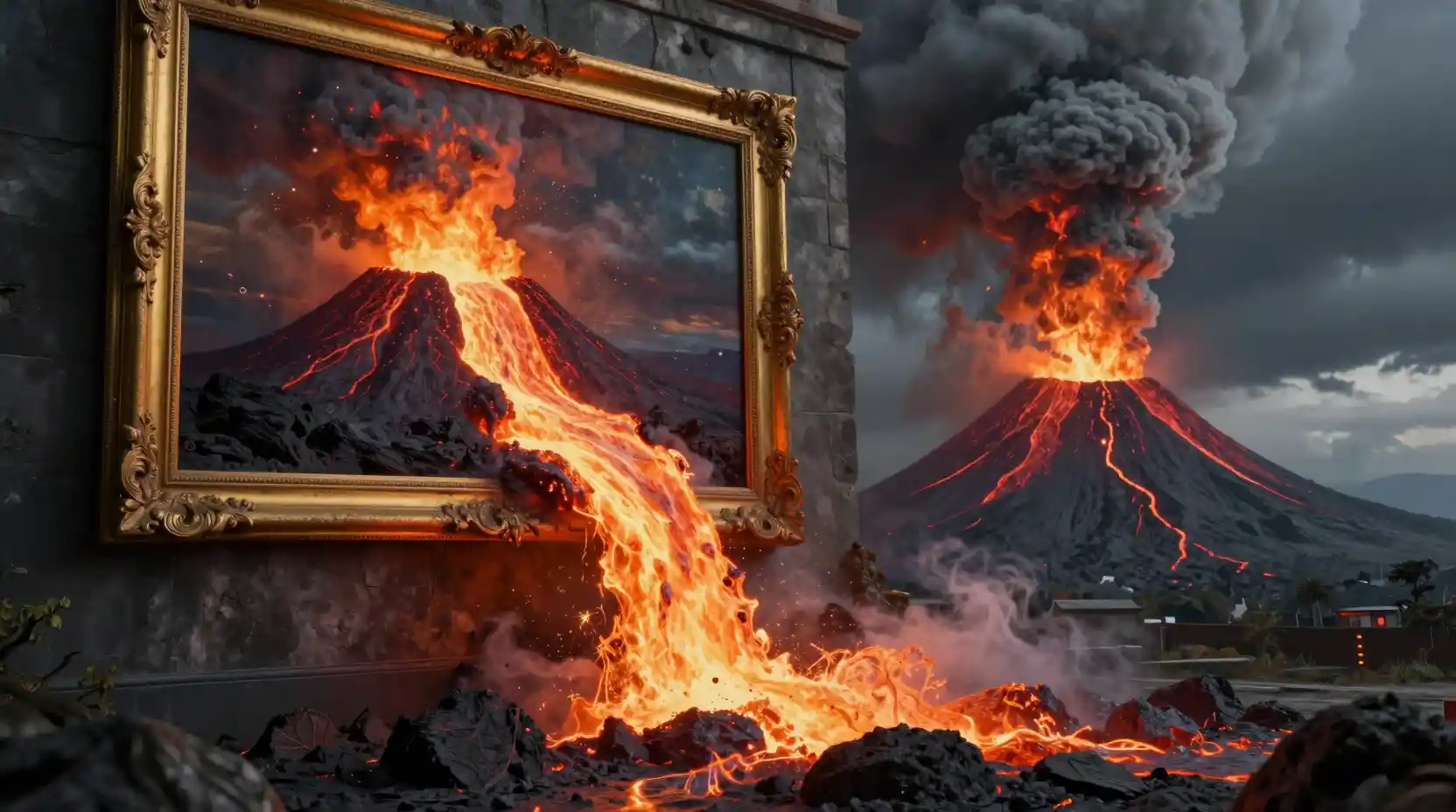 黄金の額縁の壁画から噴き出す火山の溶岩