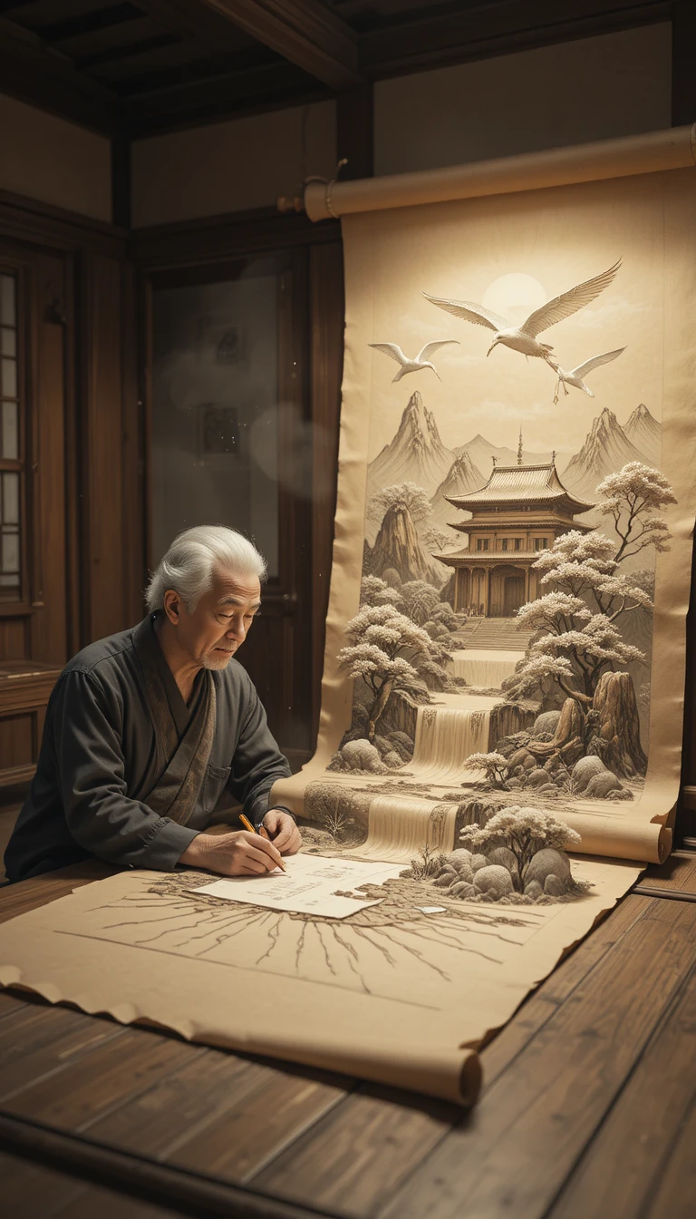 Artista anziano che disegna una scena di tempio in una stanza di legno