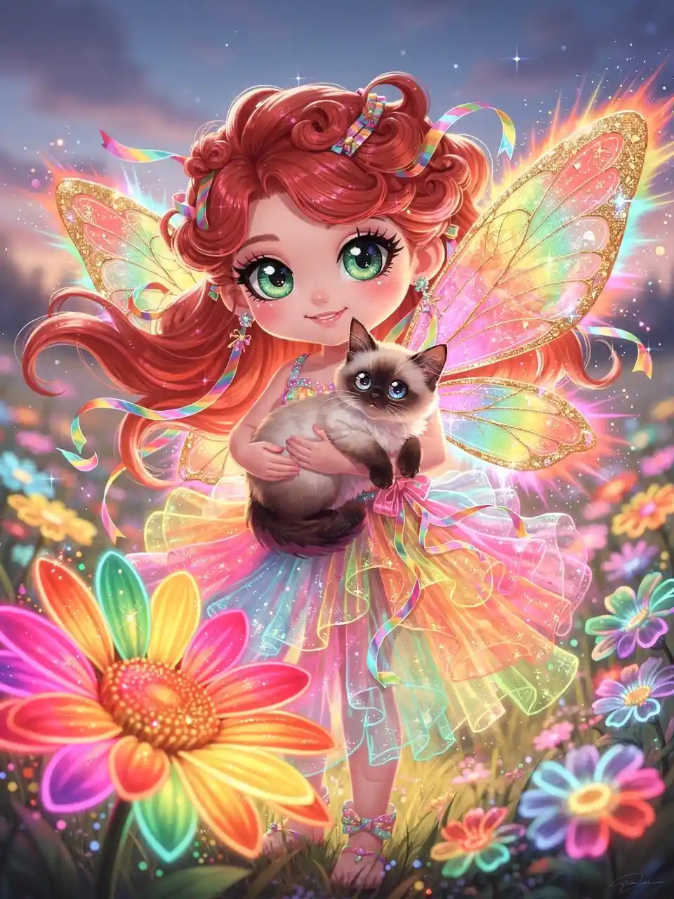 發光彩虹草地上的Q版小精靈女孩與小貓