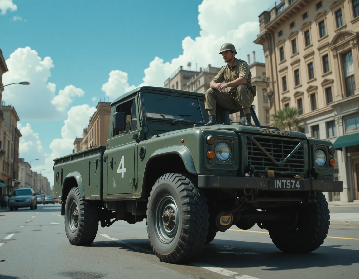 Armored green truck with soldier racing through city street