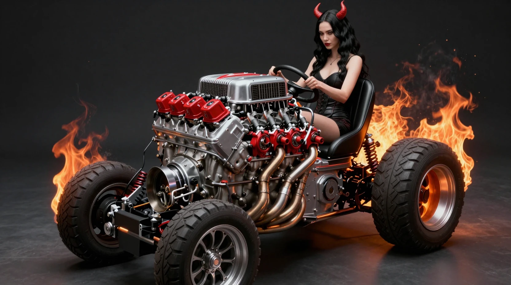 Possessed V8 hot rod engine with demonic character driver
