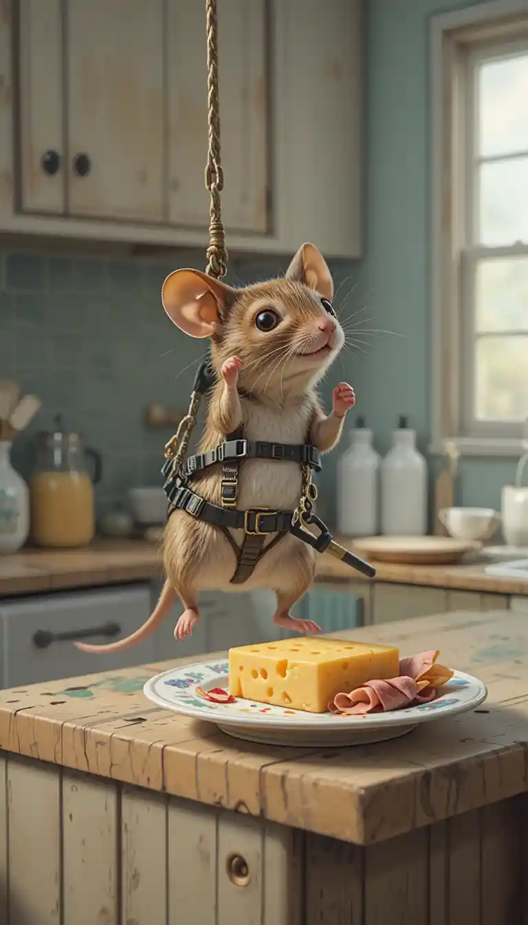 Winzige Maus klettert eine Küchenarbeitsplatte für Käse hoch