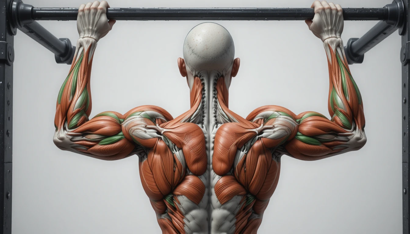 懸垂をする筋肉質な男性の解剖学イラスト