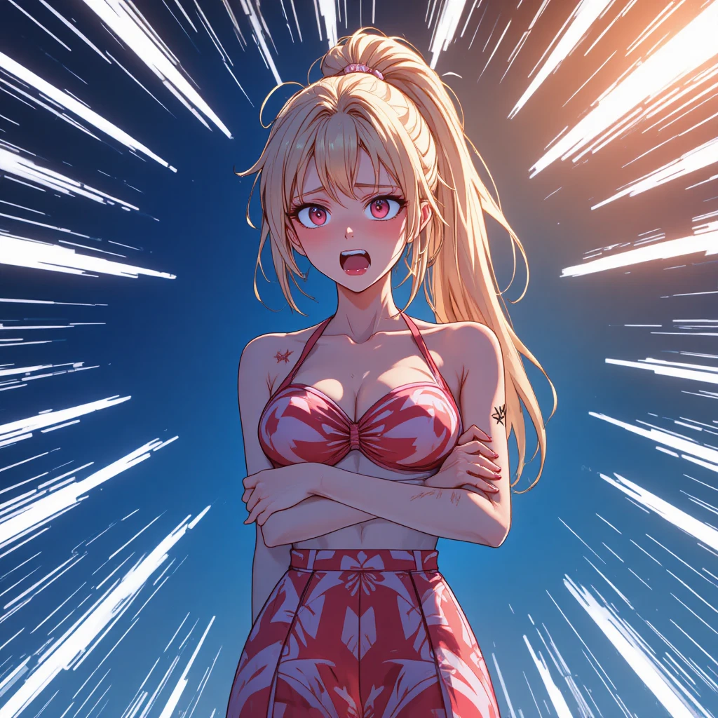 Distressed anime woman in pink outfit against blue burst