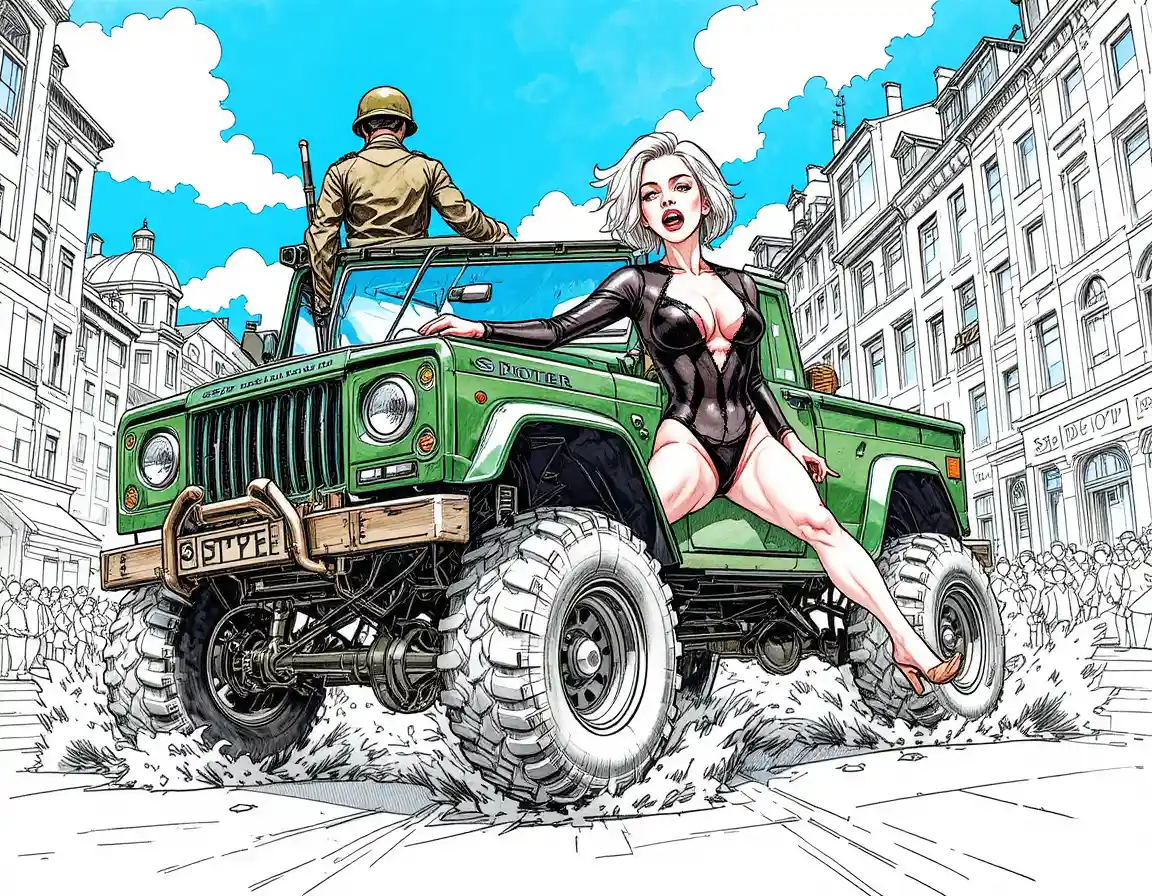 Camion militaire vert filant à travers une rue animée de la ville