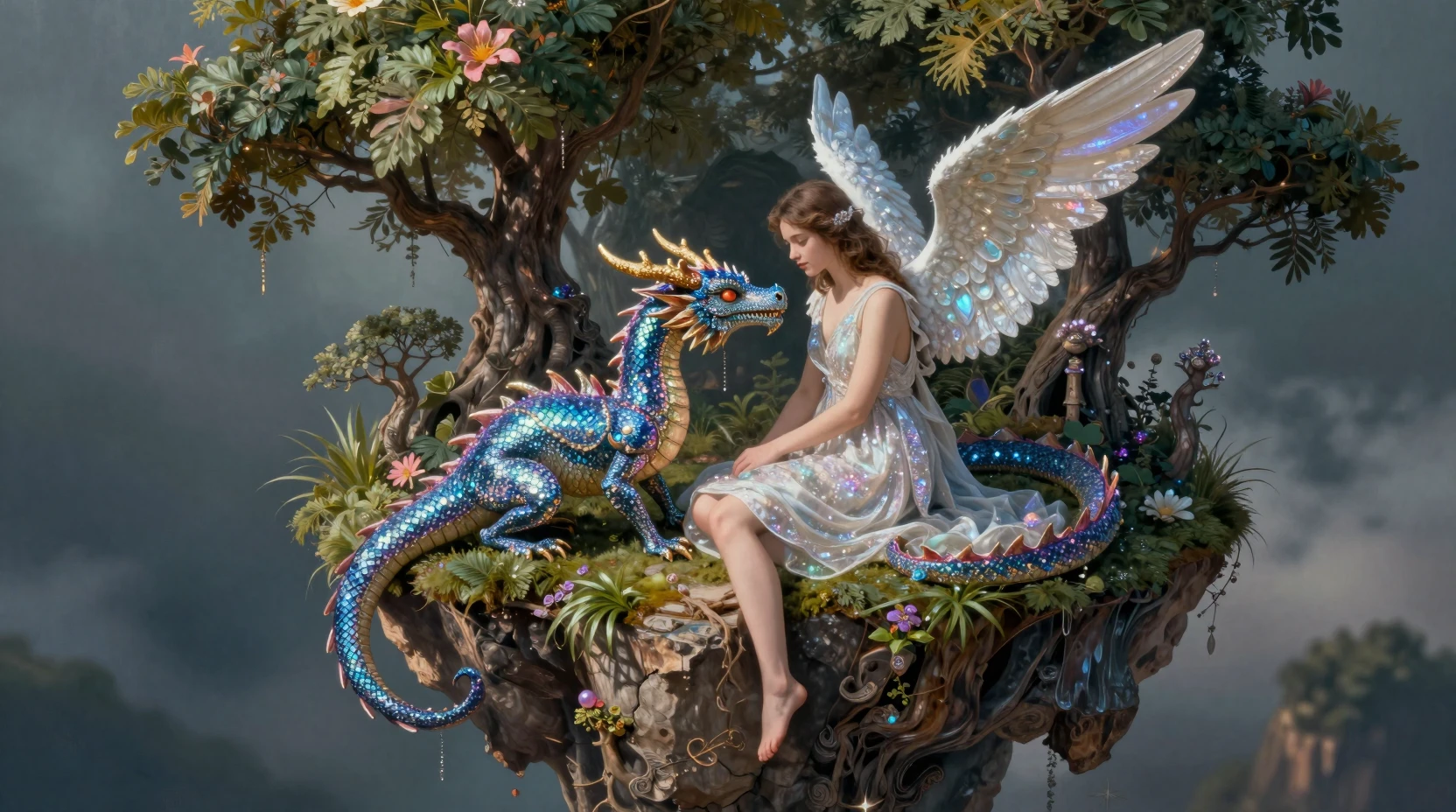 Angel And Dragon On A Floating Island In Surreal Light