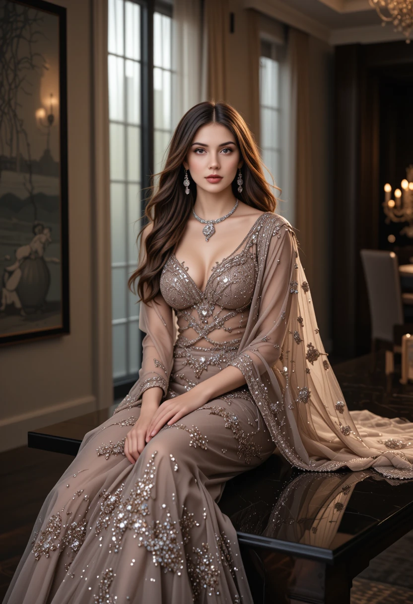 Glamorous woman in embellished gown seated on dark table