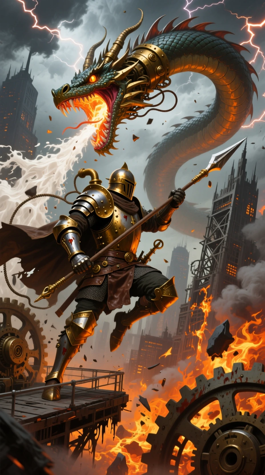 Chevalier steampunk attaquant un dragon mécanique colossal au milieu des ruines