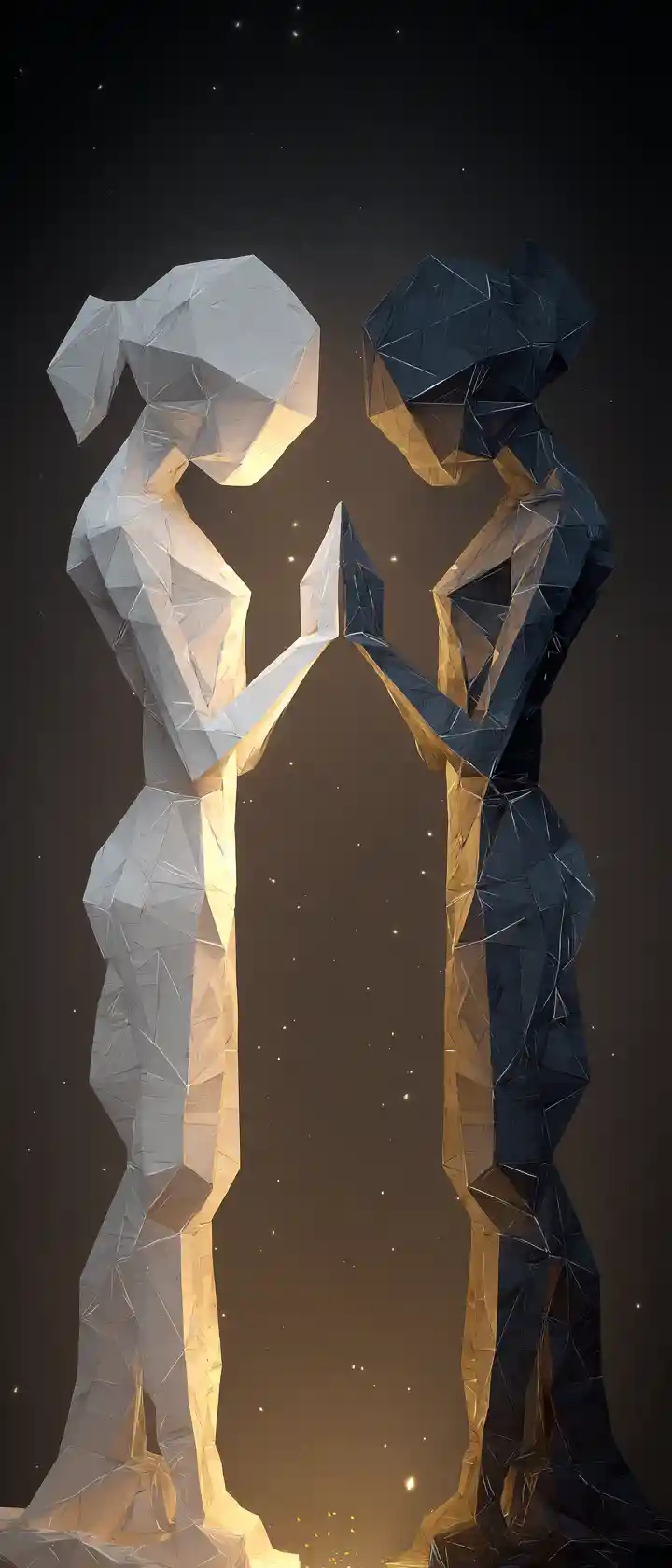 Two origami figures bowing in anime poster art