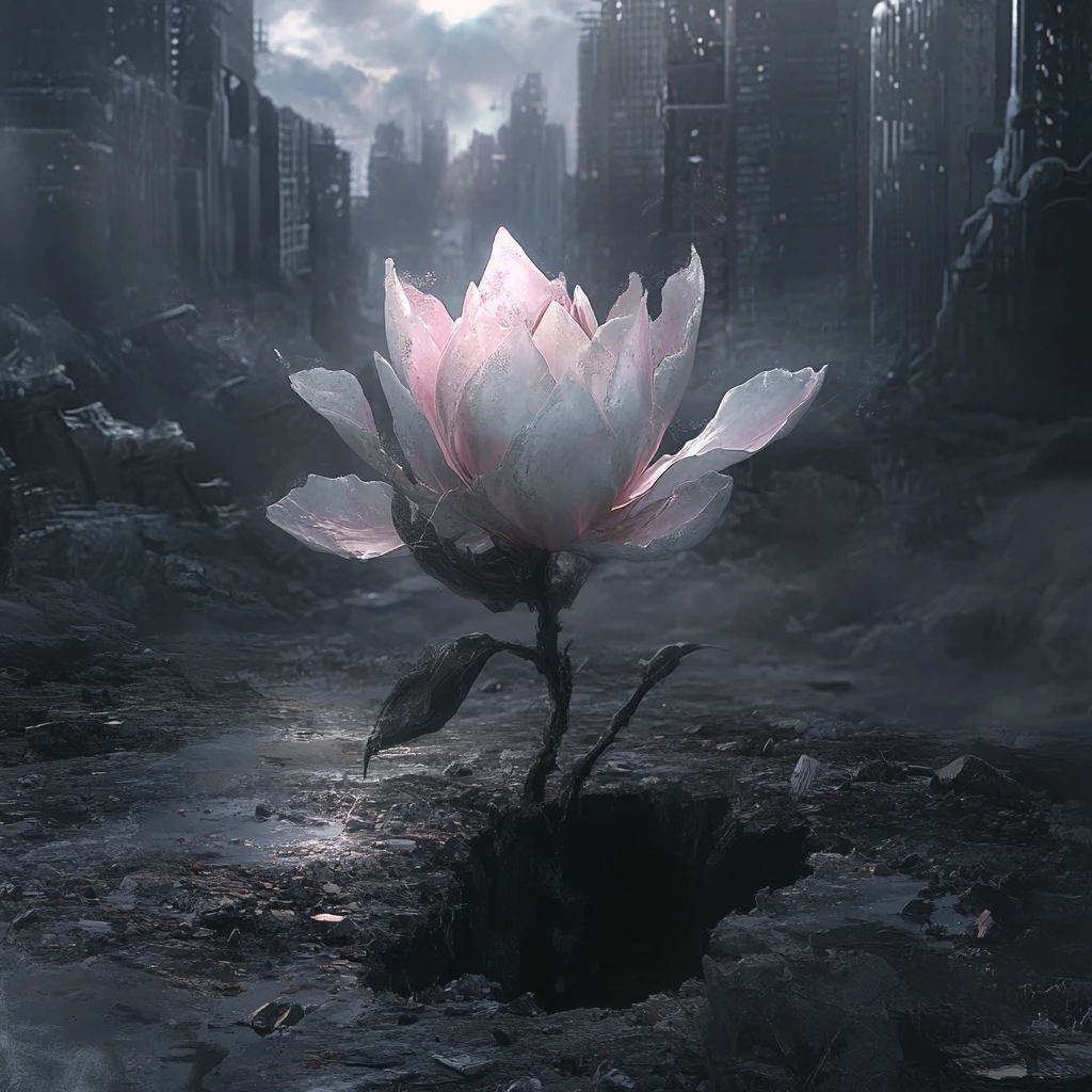 Glowing flower in a snowy cracked urban landscape