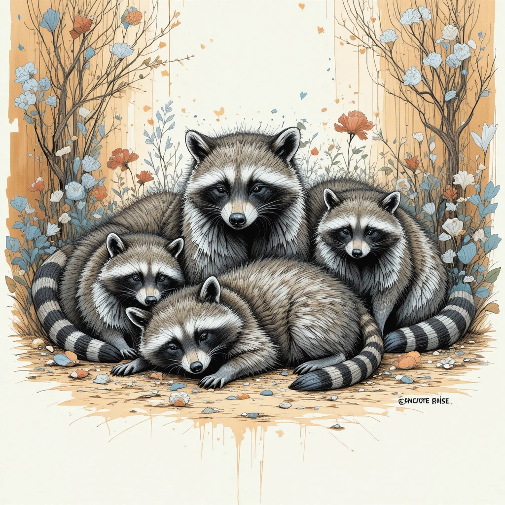 Disegno di una famiglia di procioni con sfondo astratto e colorato