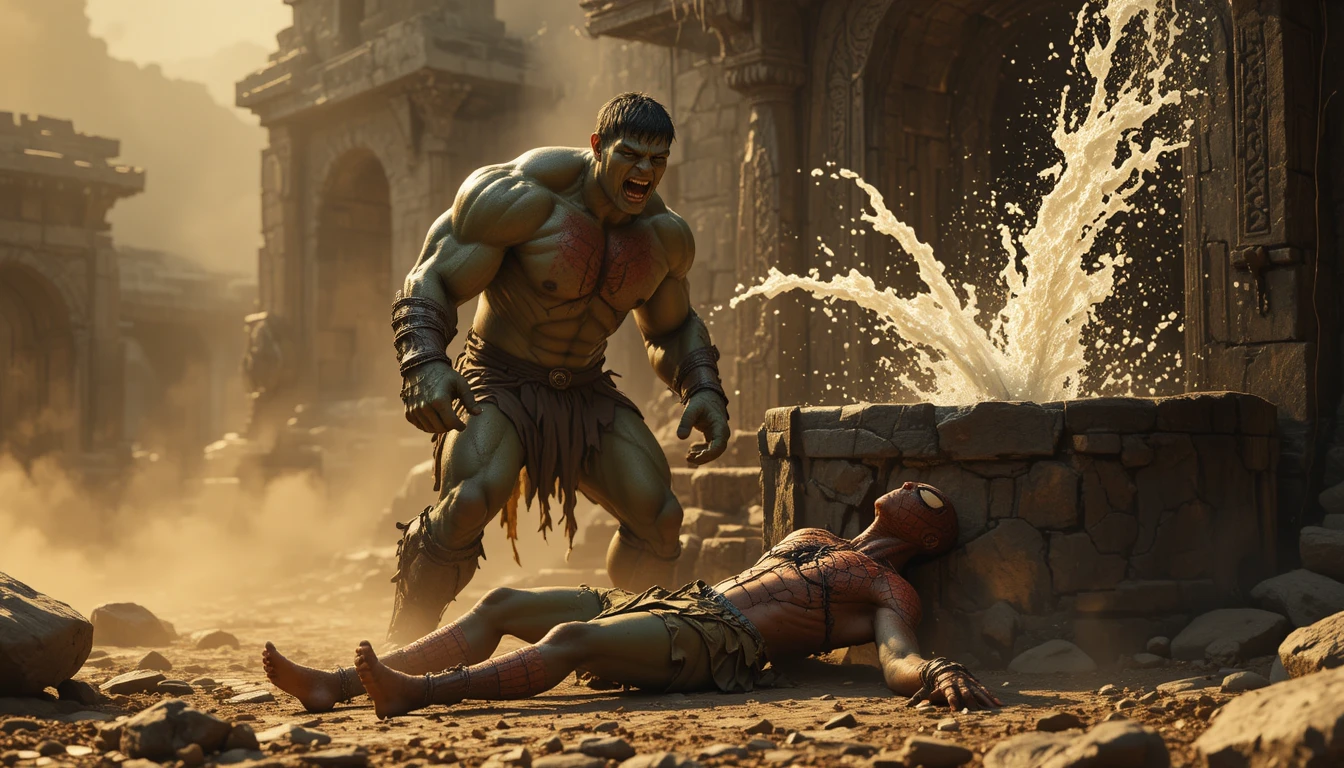 Ancient green warrior roaring beside a shattered stone well