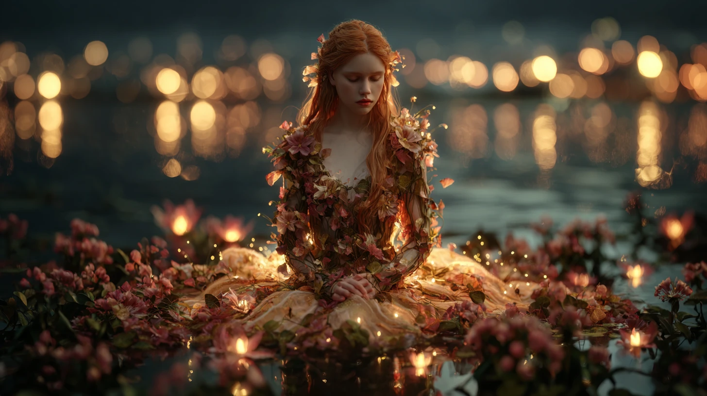 Femme rousse sereine dans un lac fleuri au coucher du soleil