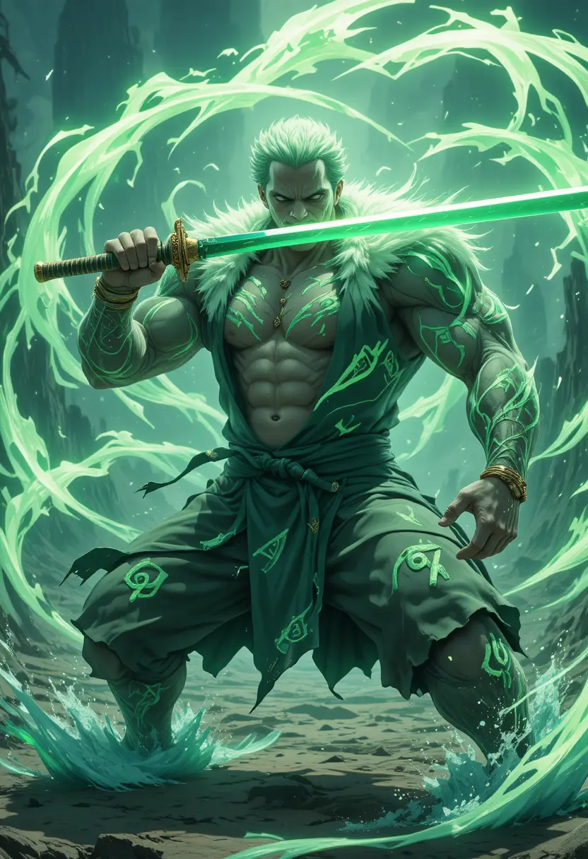 Anime swordsman in three blade combat stance on island