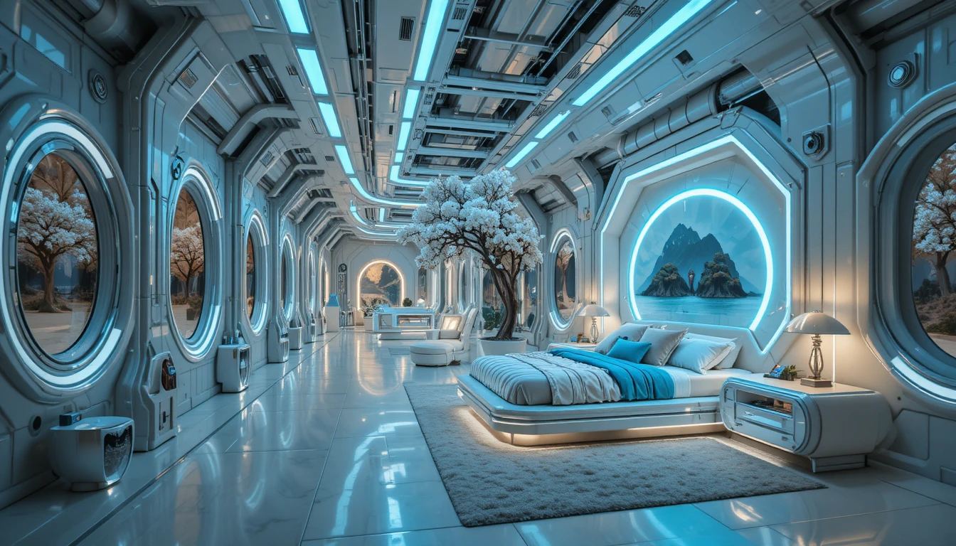 Luxurious living room in a futuristic industrial corridor