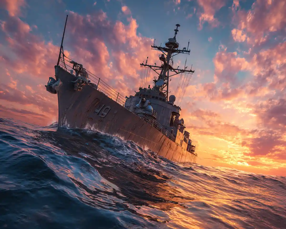 American destroyer cruising through the ocean at sunrise