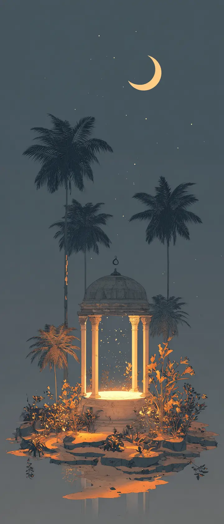 Glowing wishing well in a quiet desert under crescent moon