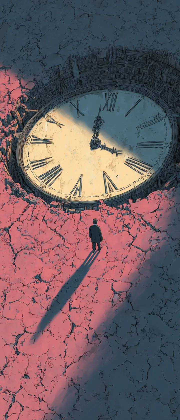 Clock striking midnight over a cracked symbolic world