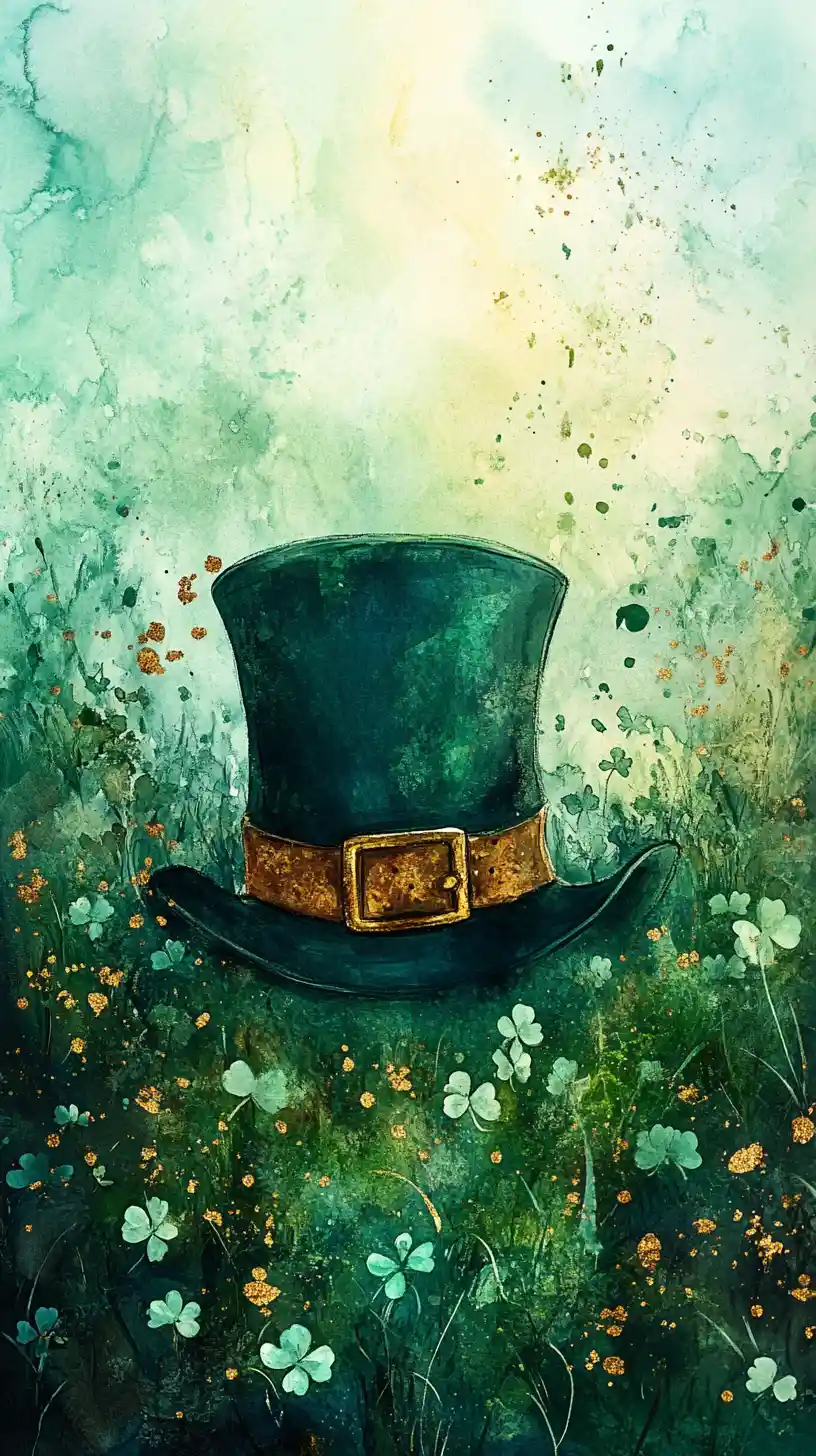 Mystical emerald oasis with leprechaun hat silhouette