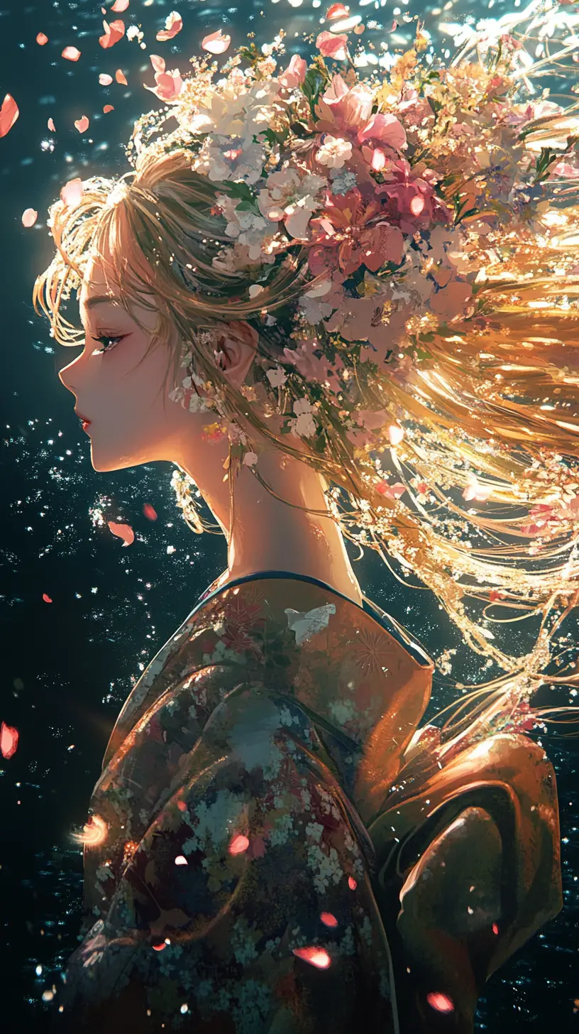 Fille d’anime en kimono floral parmi des pétales tourbillonnants