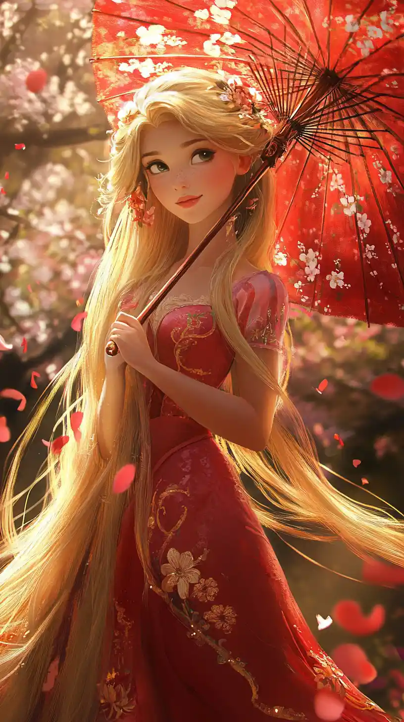Rapunzel princess in red dress under floral umbrella