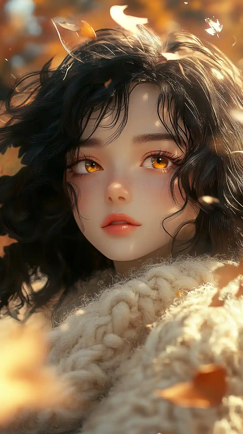 Schüchternes Anime-Mädchen hinter gemütlichen Ärmeln im fallenden Herbstlaub