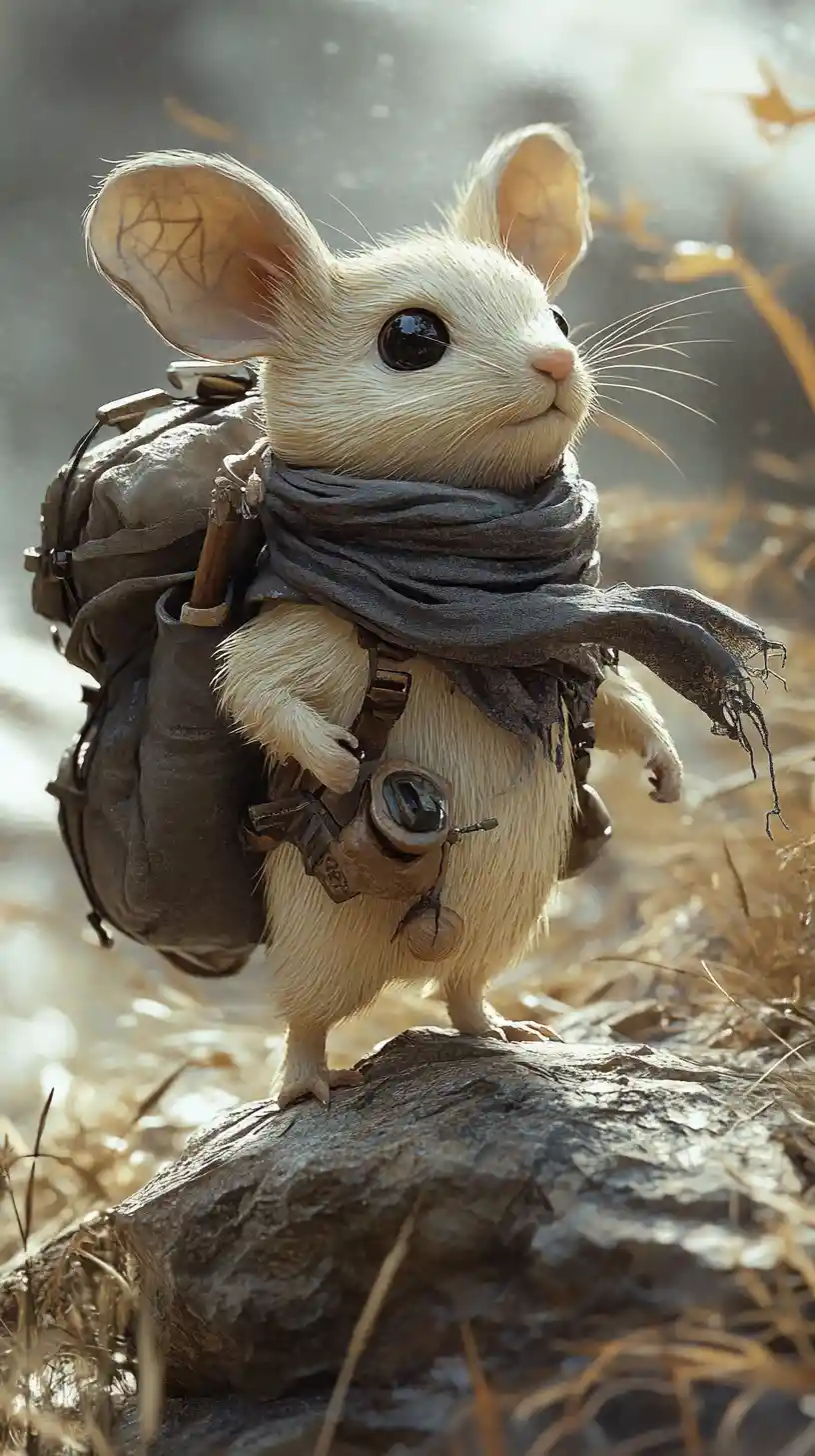 Brave little mouse climbing a rocky sunlit path