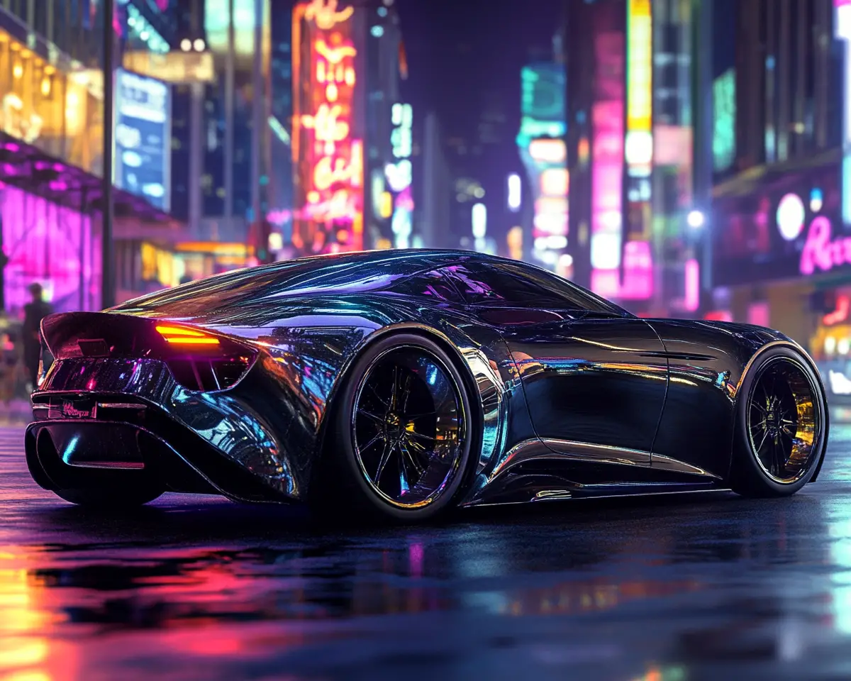 Luxury car on neon lit city street at night