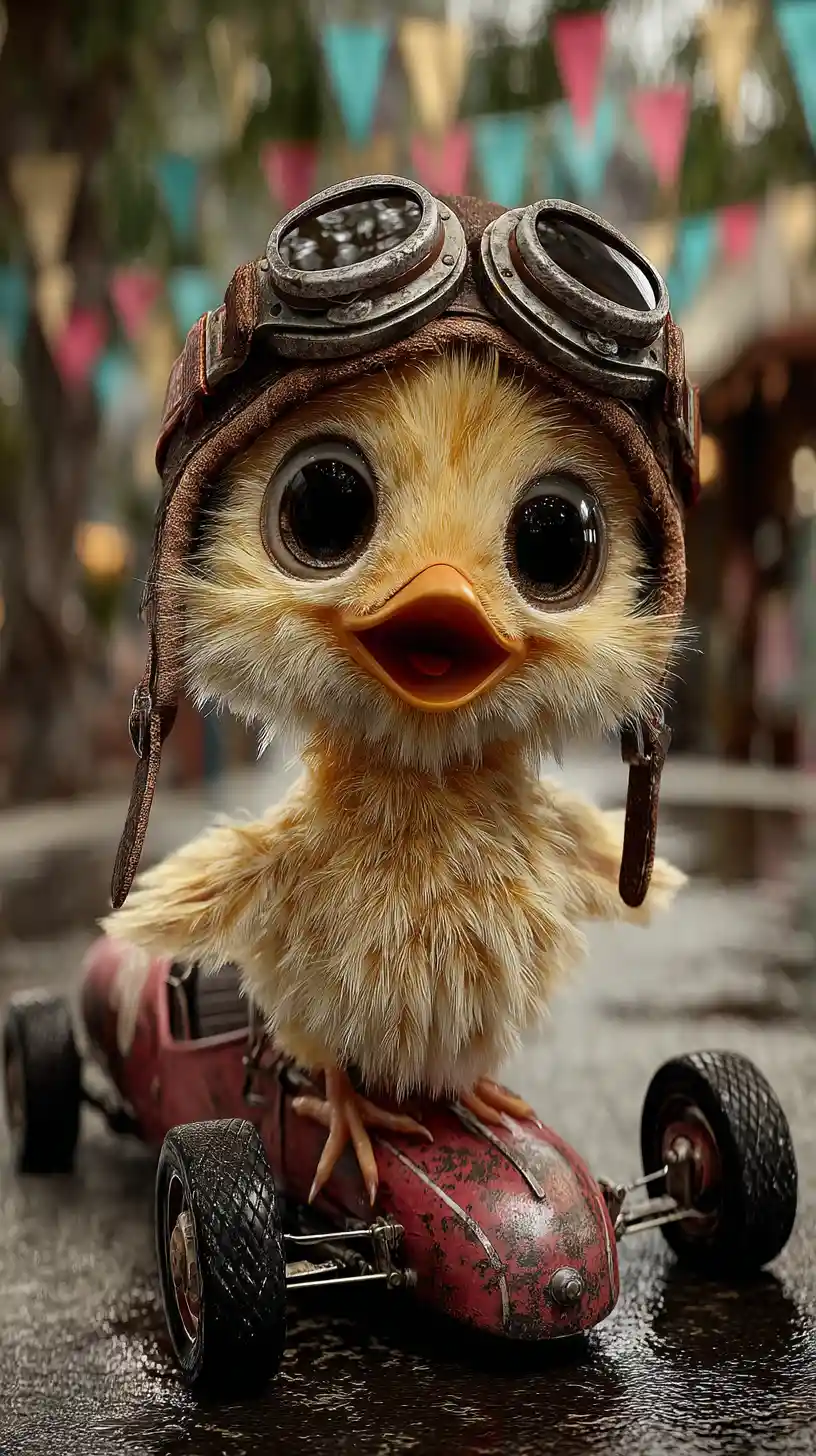 Cute yellow chick driving a red racing car
