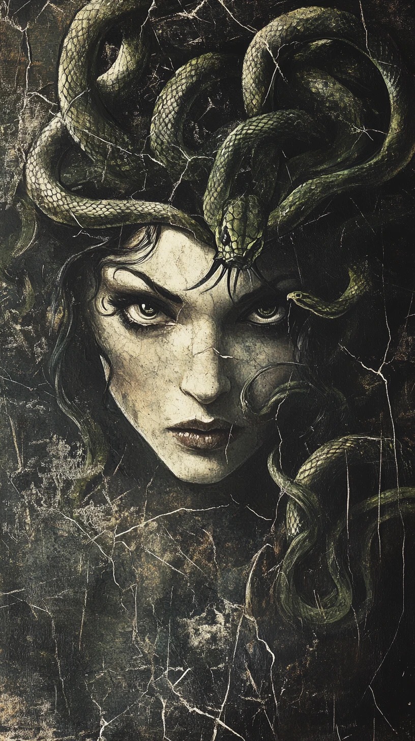 Portrait Sombre de Méduse avec Serpents Enlacés et Ombres Dramatiques