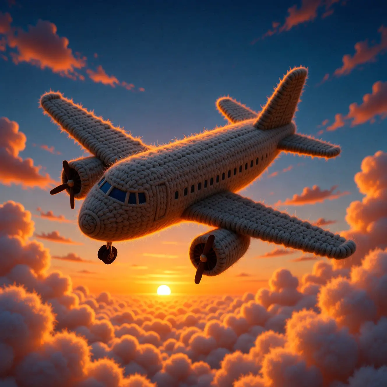 Handcrafted Wool Airplane Flying Through Sunset Clouds