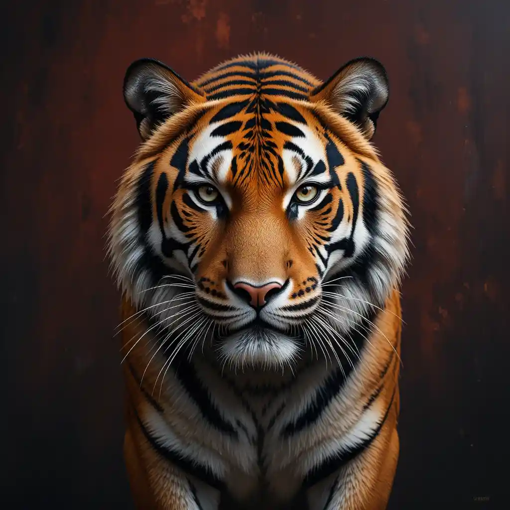 Potente ritratto di tigre su sfondo cremisi scuro