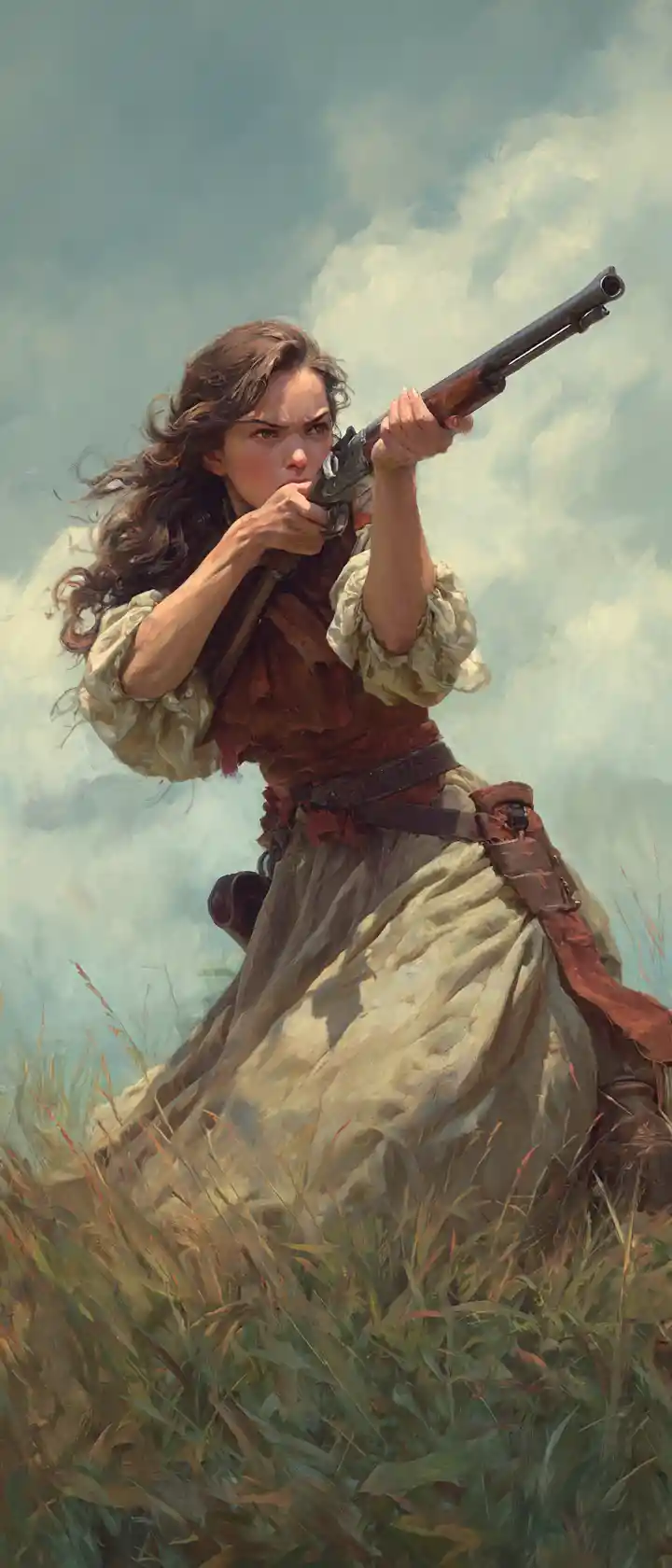 Young colonial peasant woman aiming a shotgun