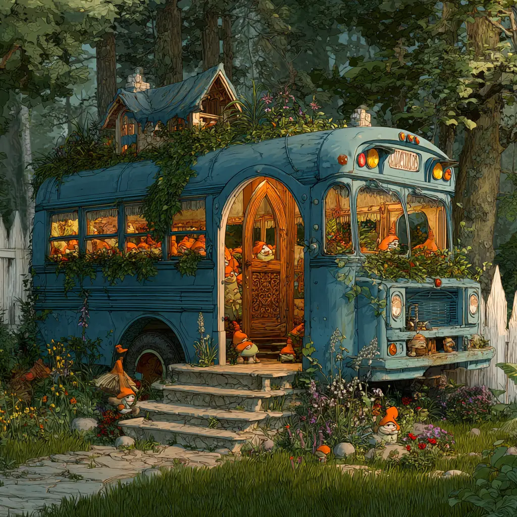 Whimsical gnome house bus in a sunlit forest clearing
