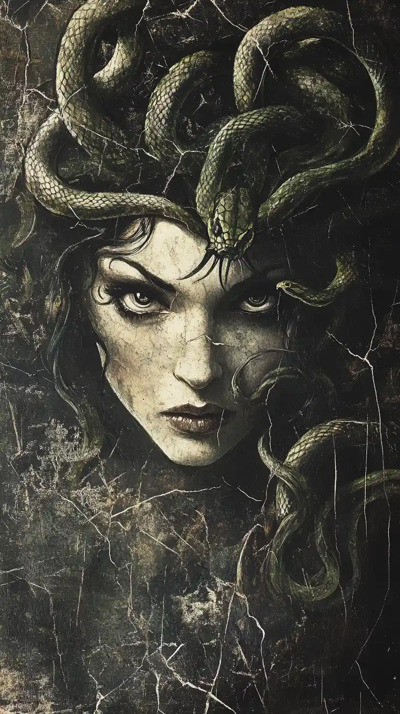 Portrait Sombre de Méduse avec Serpents Enlacés et Ombres Dramatiques