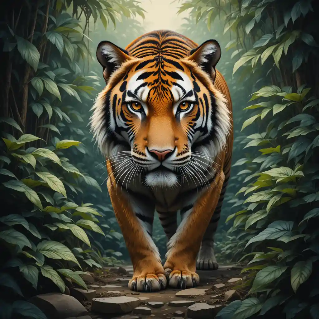 Puissant portrait de tigre dans une peinture de jungle luxuriante